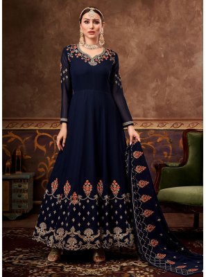 Ankle Length Anarkali Salwar Suit Embroidered Georgette in Blue