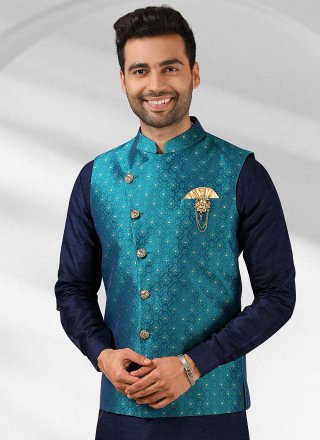 Aqua Blue and Blue Party Banarasi Silk Kurta Payjama With Jacket