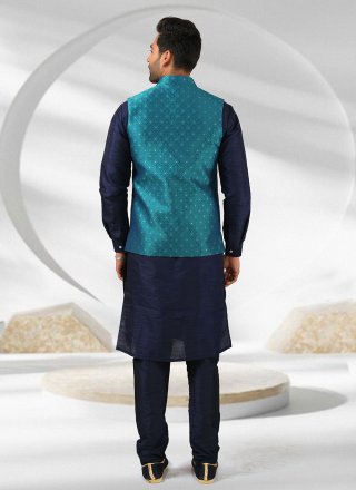 Aqua Blue and Blue Party Banarasi Silk Kurta Payjama With Jacket