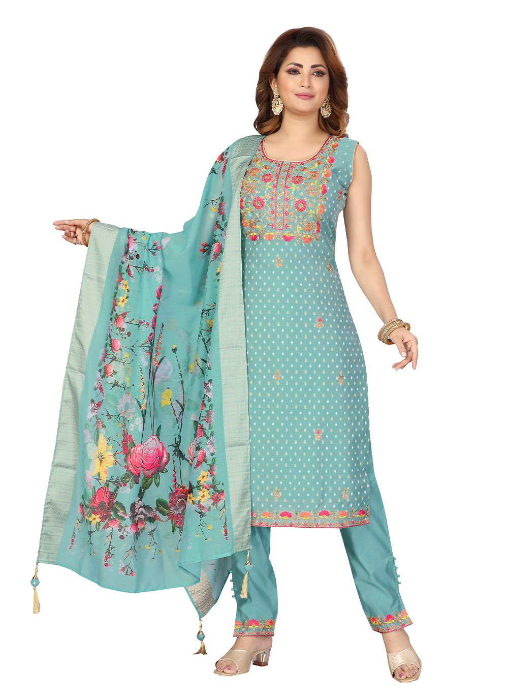 Aqua Blue Ceremonial Chanderi Readymade Salwar Suit