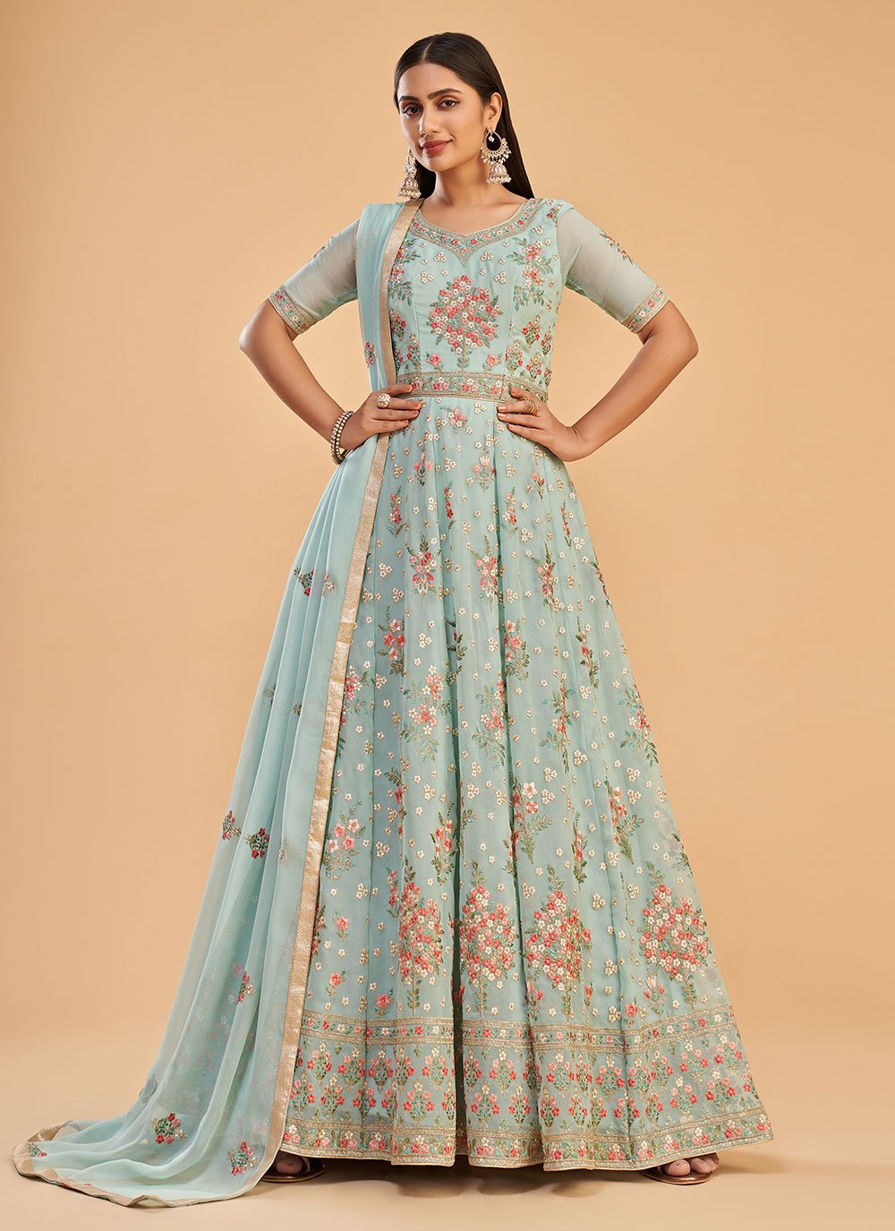 Aqua Blue Embroidered Georgette Anarkali Salwar Suit