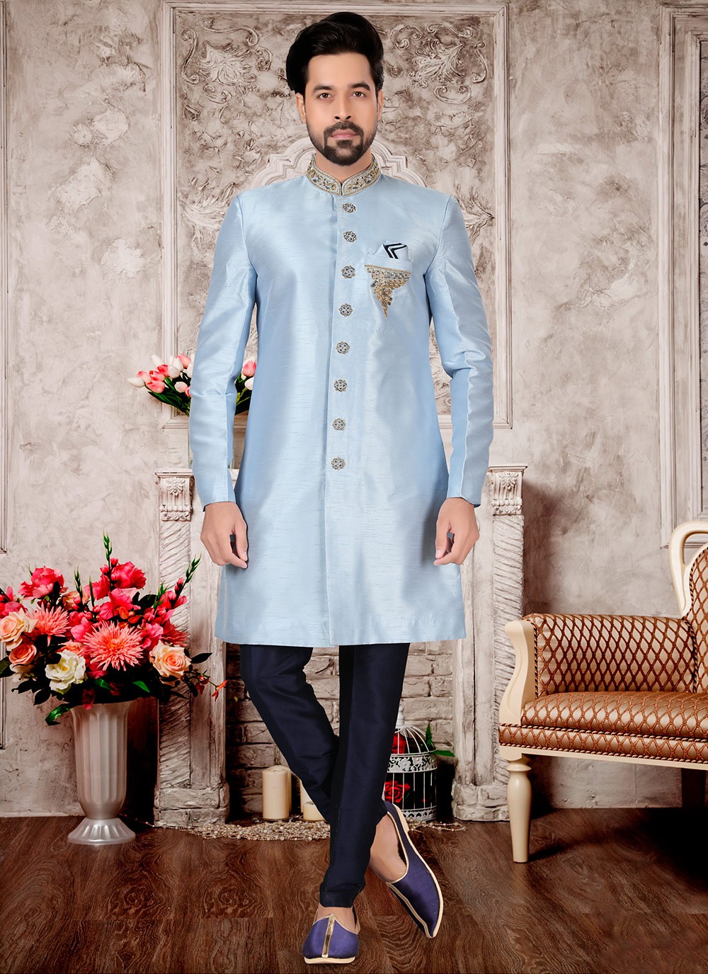 Blue indo western on sale sherwani