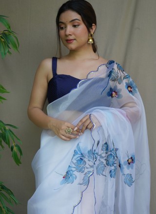 Aqua Blue Organza Contemporary Style Saree