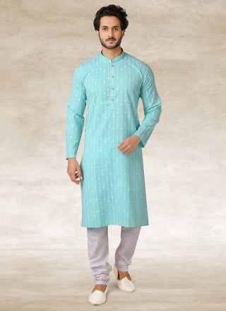 Aqua Blue Printed Handloom Cotton Kurta Pyjama