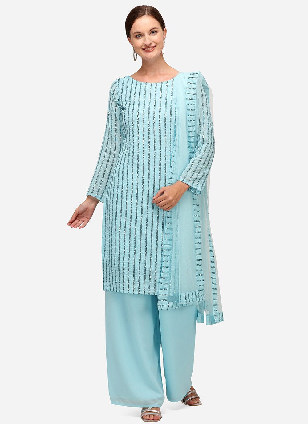 Aqua Blue Sequins Trendy Salwar Suit