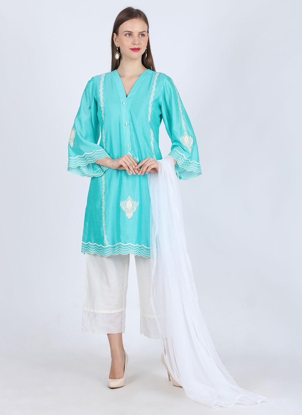 Aqua Blue Silk Thread Readymade Salwar Suit