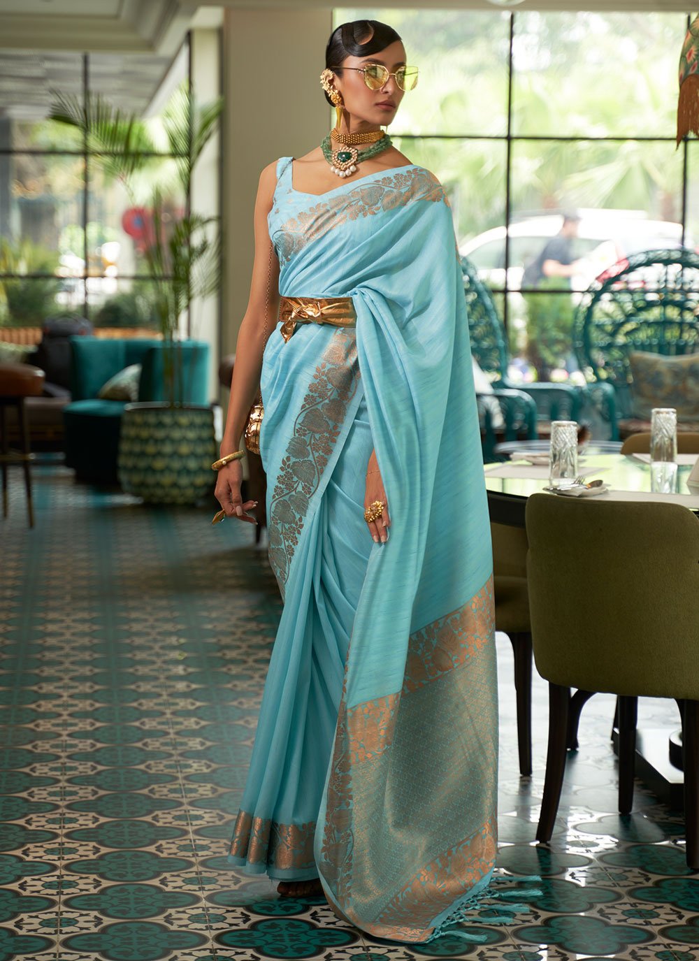 Aqua Blue Silk Weaving Traditional Saree