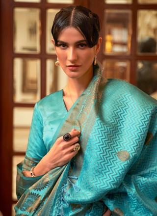 Aqua Blue Weaving Satin Silk Trendy Saree