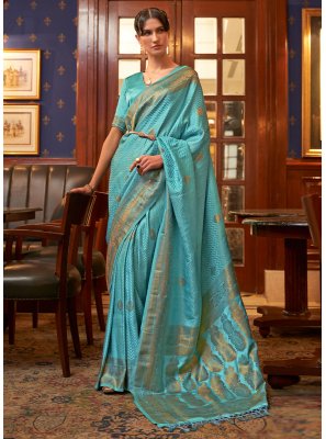 Aqua Blue Weaving Satin Silk Trendy Saree