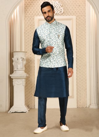 Art Banarasi Silk Blue and White Digital Print Kurta Payjama With Jacket