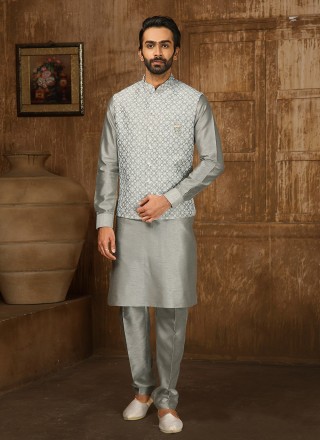 Art Banarasi Silk Embroidered Grey Kurta Payjama With Jacket