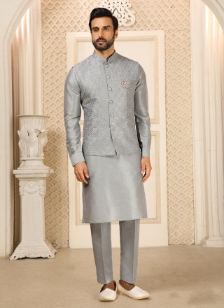 Art Banarasi Silk Embroidered Grey Kurta Payjama With Jacket