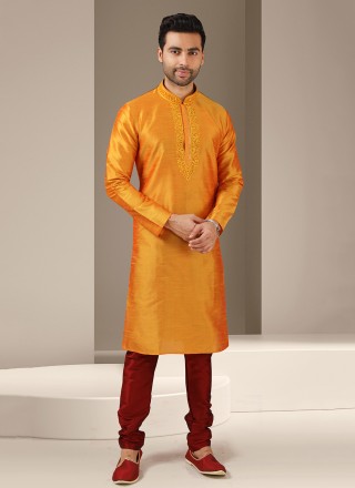 Art Banarasi Silk Embroidered Kurta Pyjama in Orange
