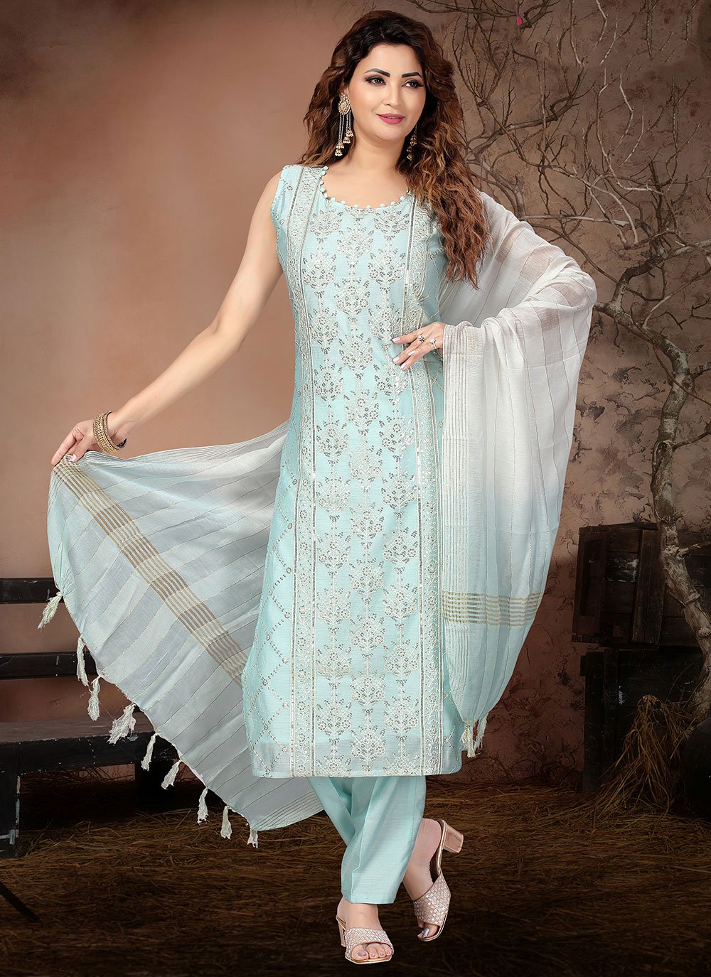 Art Silk Aqua Blue Embroidered Trendy Salwar Suit