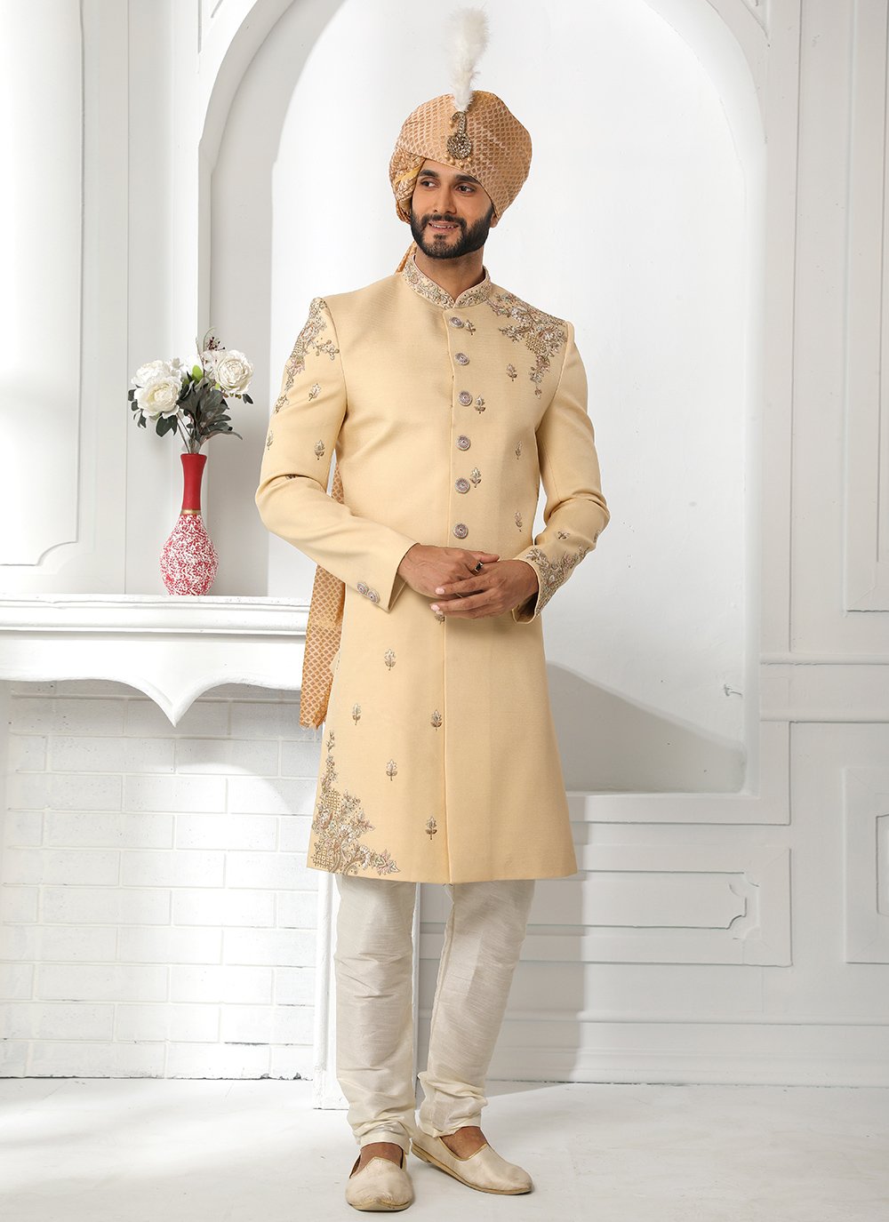 Art Silk Beige Sherwani buy online