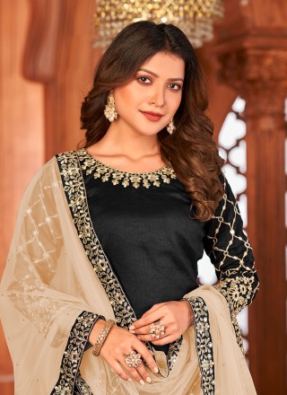 Art Silk Black Embroidered Patiala Salwar Suit