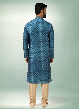 Art Silk Blue Printed Kurta Pyjama
