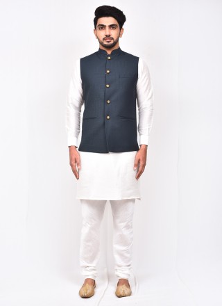 Art Silk Buttons Kurta Payjama With Jacket in Grey and White