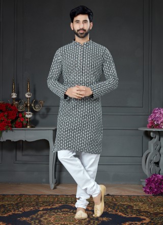 Art Silk Cotton Kurta Pyjama in Black