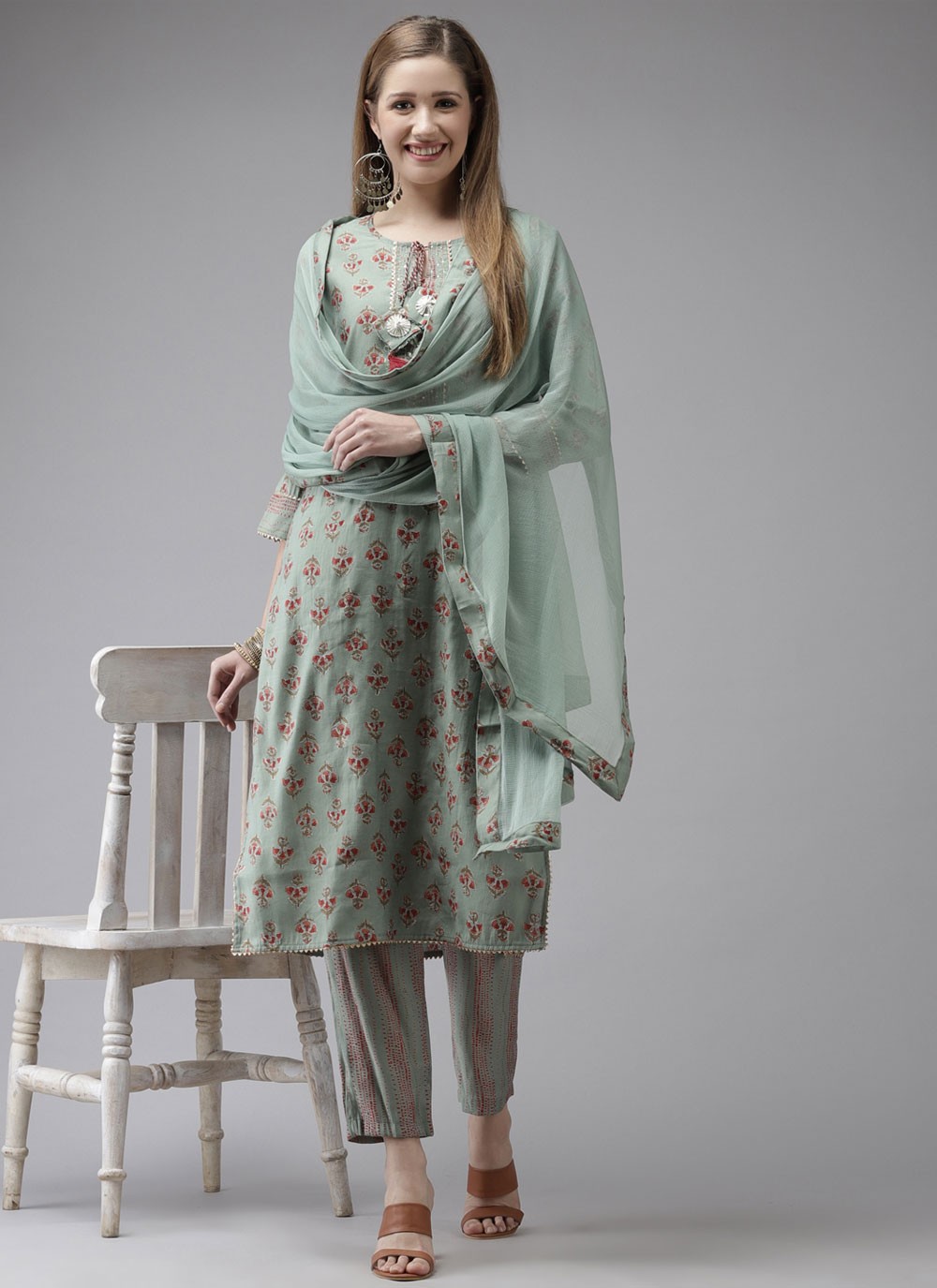 Art Silk Embroidered Pant Style Suit in Green