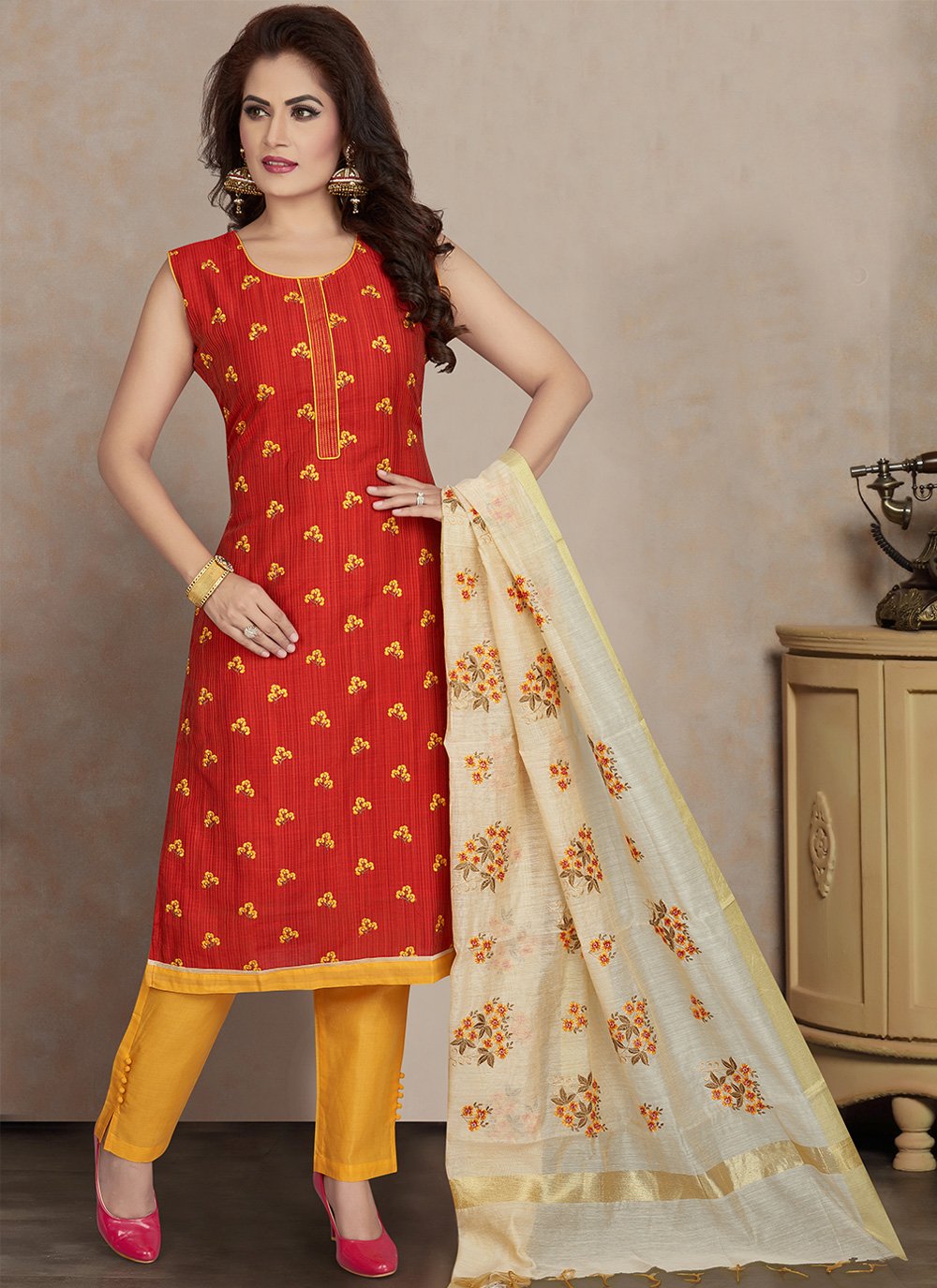 Art Silk Embroidered Pant Style Suit in Red