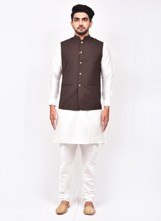 Art Silk Kurta Payjama With Jacket in Brown and White