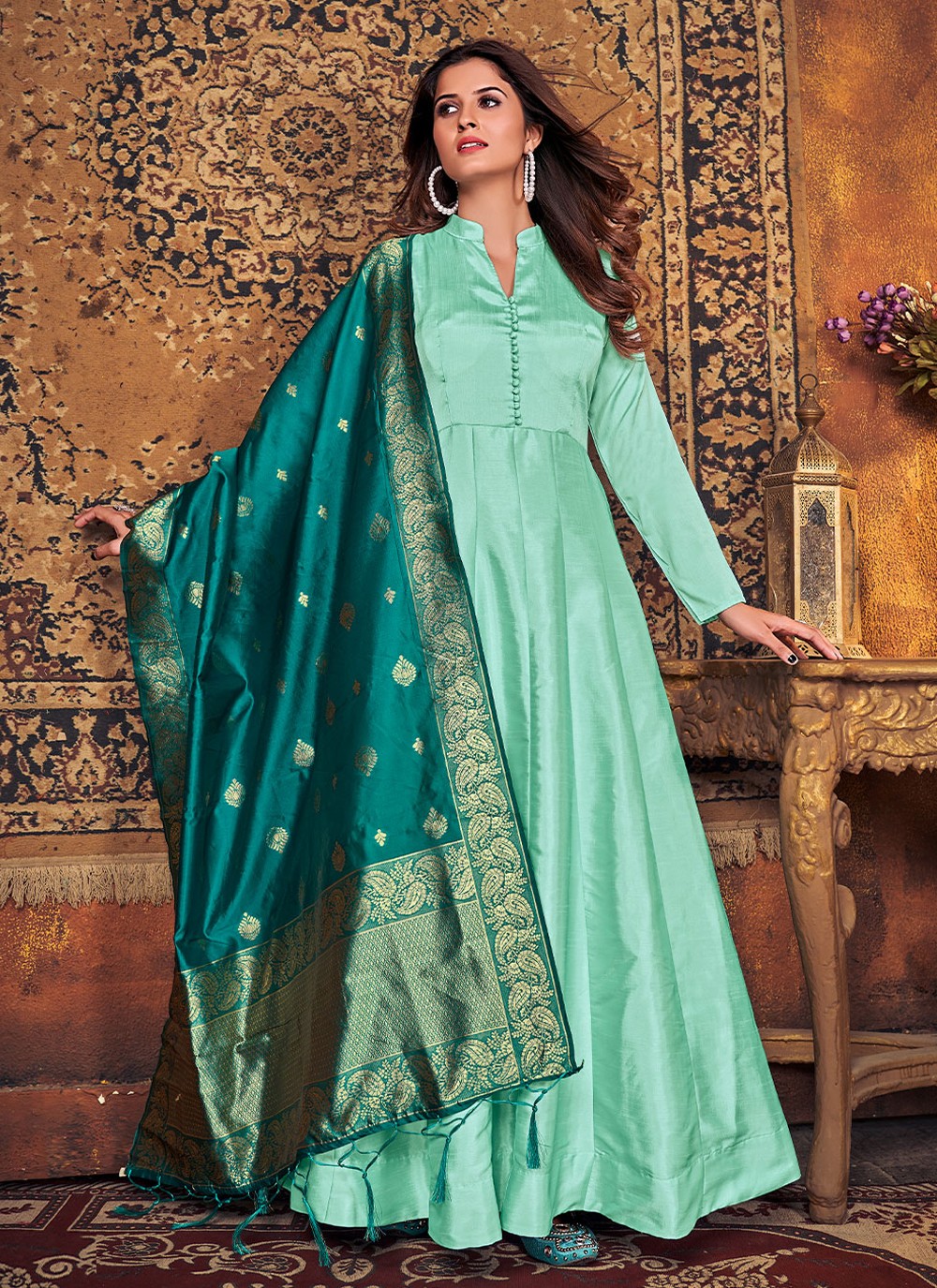 Buy Blue Rayon Plain V Neck Anarkali Set With Printed Dupatta For Women by  Pheeta Online at Aza Fashions.