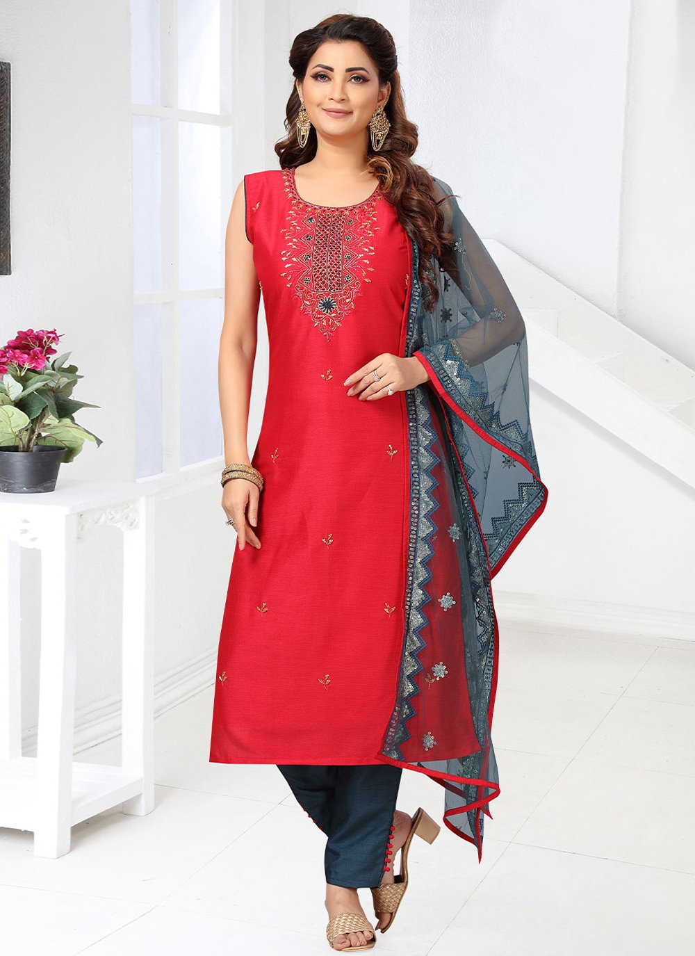 Art Silk Red Embroidered Readymade Salwar Suit