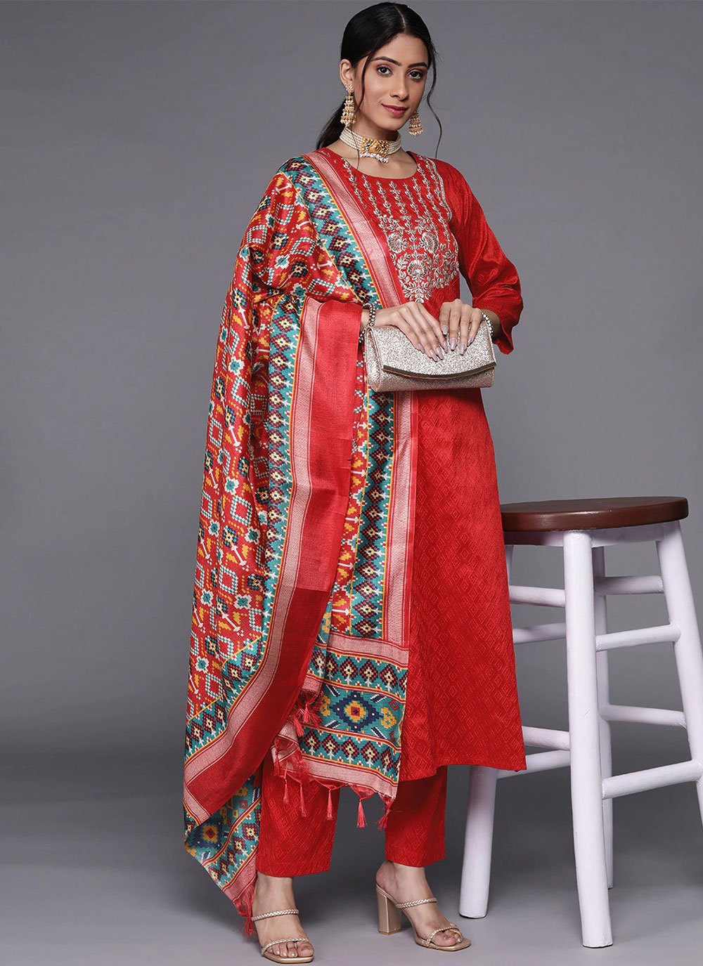 Art Silk Red Salwar Suit