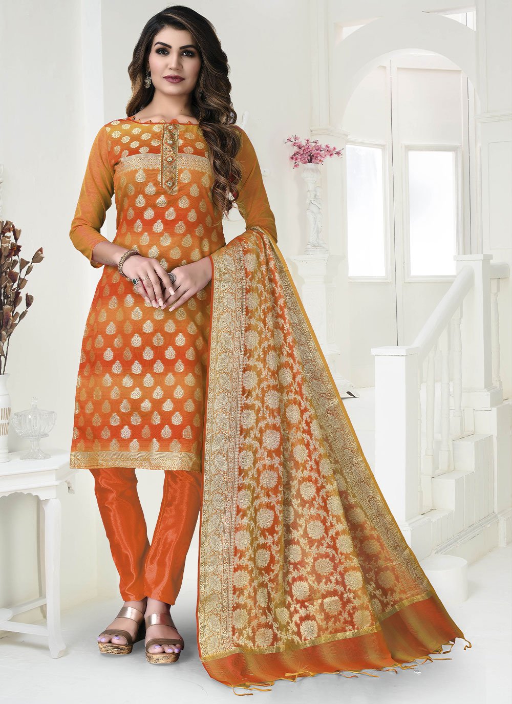 Banarasi Jacquard Orange Straight Salwar Suit