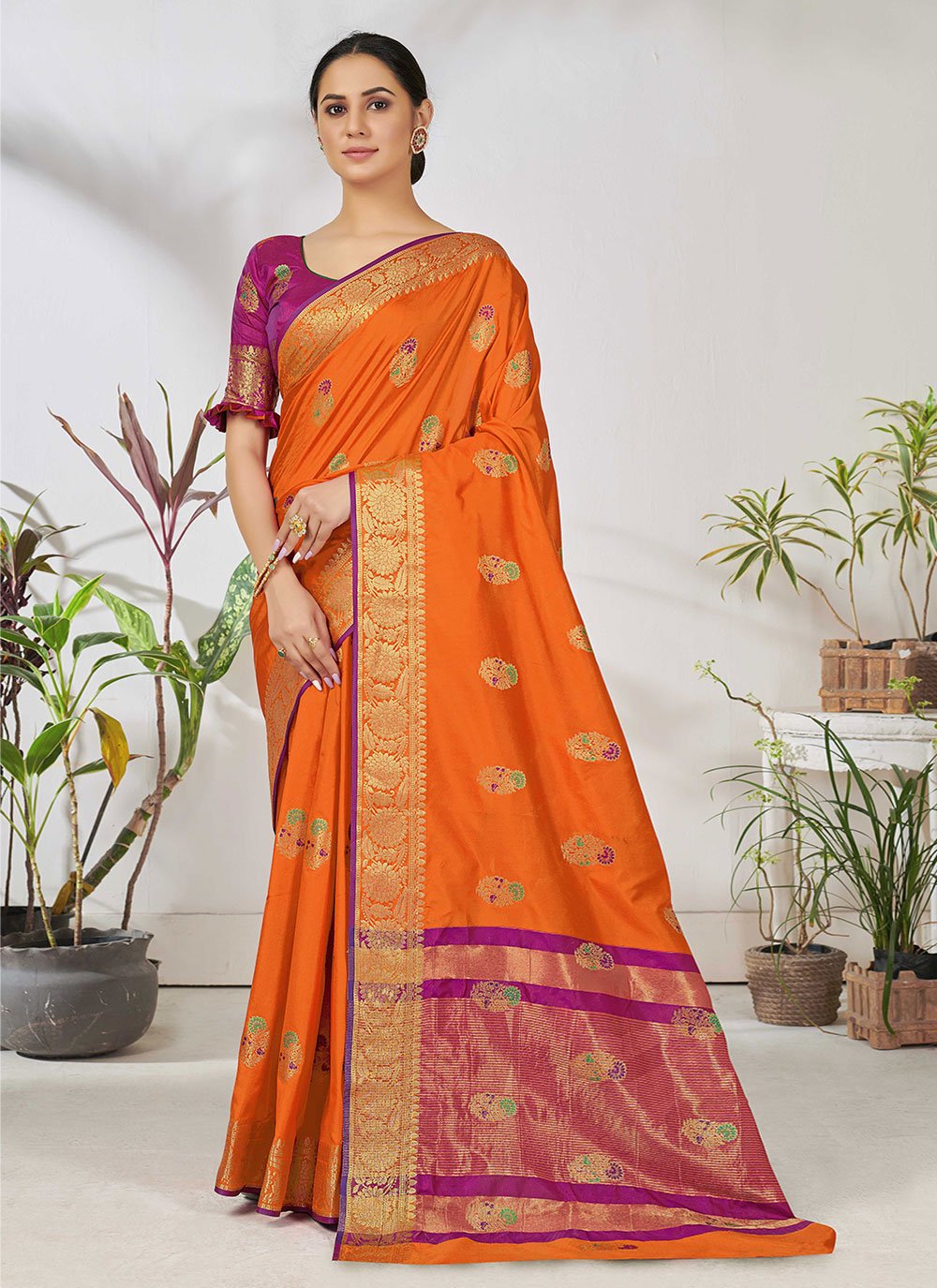 Banarasi Jacquard Weaving Classic Saree in Orange