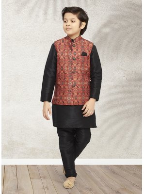 Banarasi Silk Black and Maroon Printed Work Kurta Payjama With Jacket