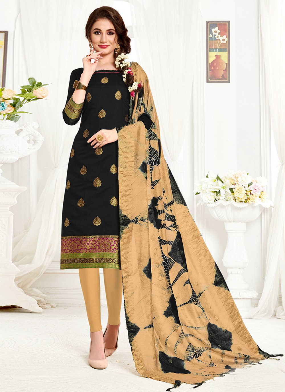 Banarasi Silk Black Pakistani Straight Suit
