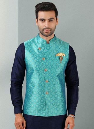 Banarasi Silk Blue and Turquoise Kurta Payjama With Jacket