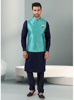 Banarasi Silk Blue and Turquoise Kurta Payjama With Jacket