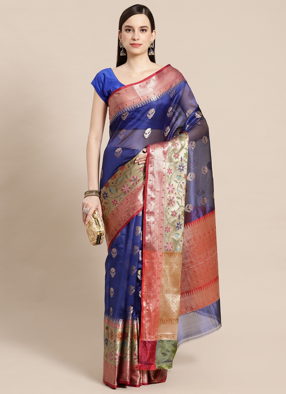 Banarasi Silk Blue Woven Designer Traditional Saree