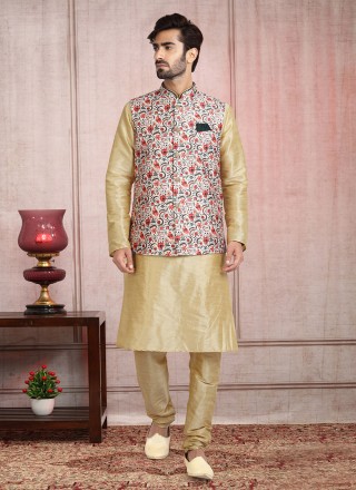 Banarasi Silk Cream and Peach Printed Kurta Payjama With Jacket