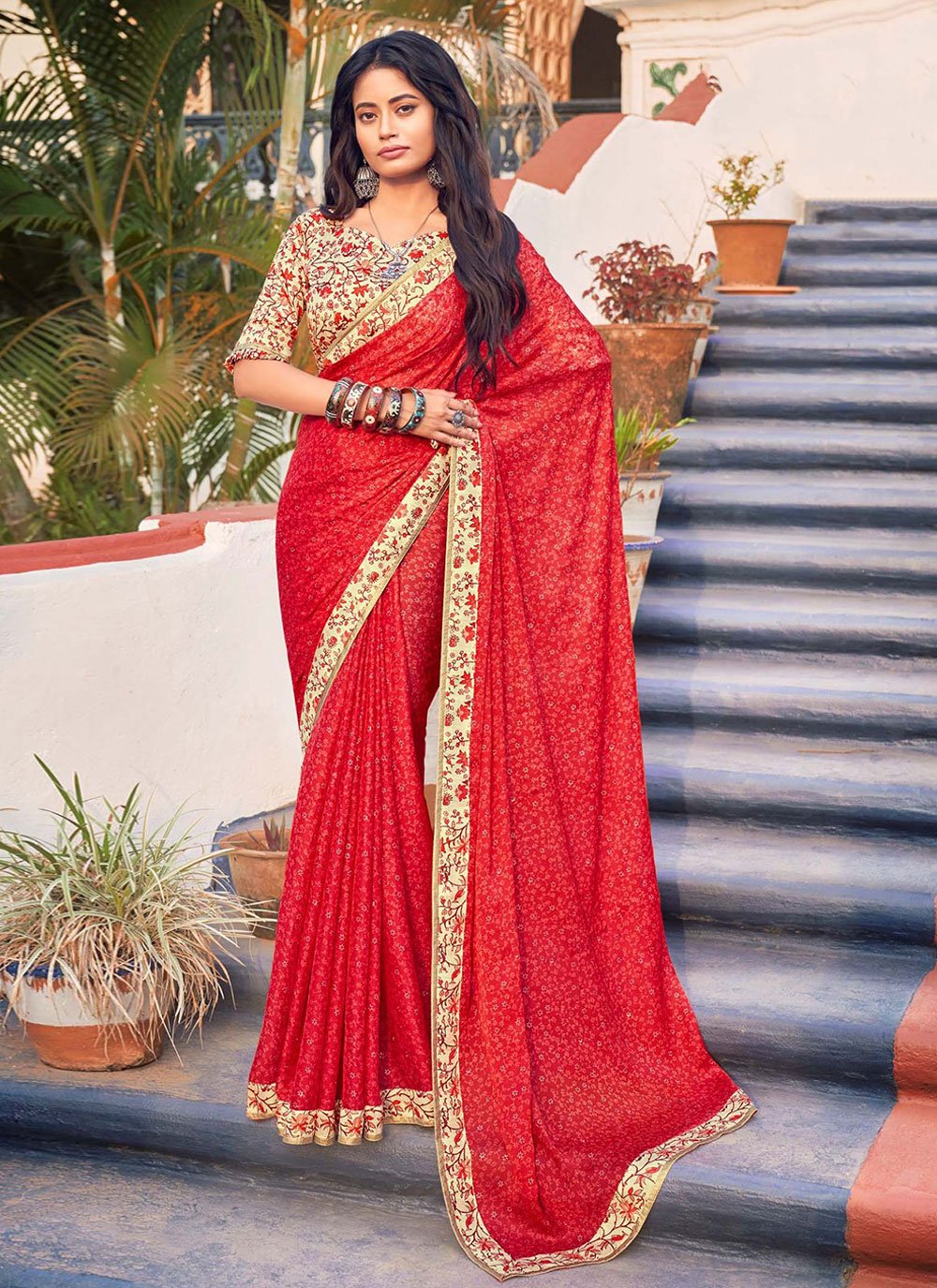 Banarasi Silk Digital Print Traditional Saree in Red