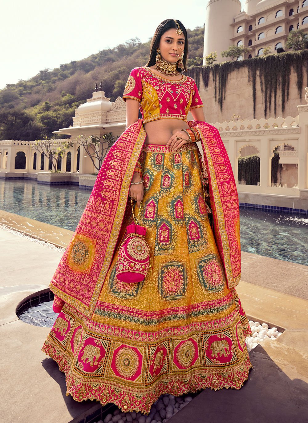 Banarasi Silk Embroidered Lehenga Choli in Pink and Yellow