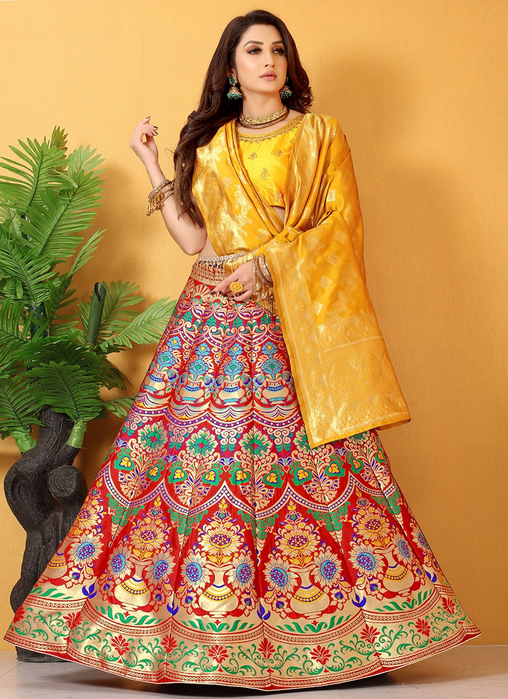 Buy Banarasi Silk Embroidered Multi Colour and Yellow Lehenga Choli Online -