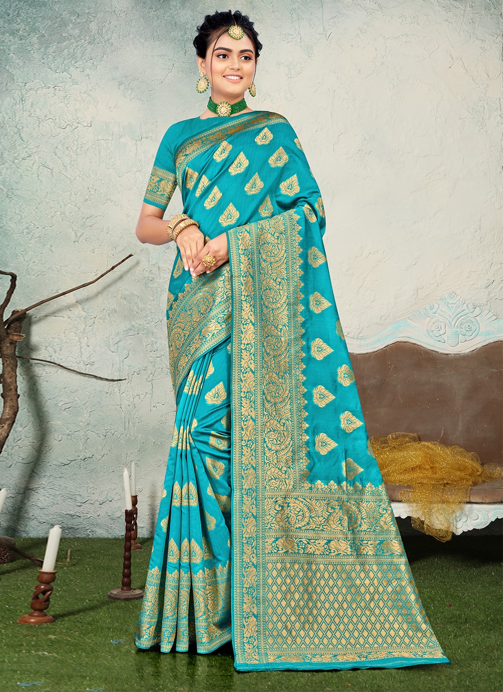Banarasi Silk Firozi Weaving Classic Designer Saree