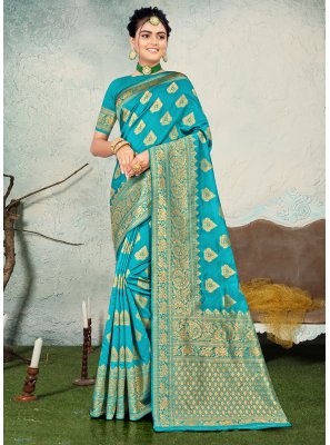 Banarasi Silk Firozi Weaving Classic Designer Saree