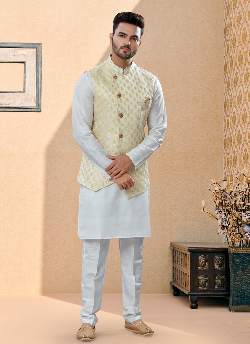 Banarasi Silk Jacquard Work Cream and Off White Kurta Payjama With Jacket