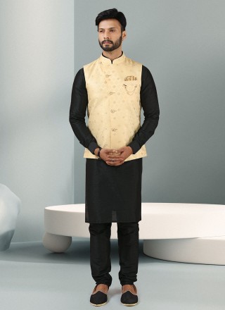 Banarasi Silk Kurta Payjama With Jacket in Black and Cream