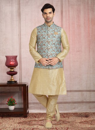 Banarasi Silk Kurta Payjama With Jacket in Cream and Turquoise