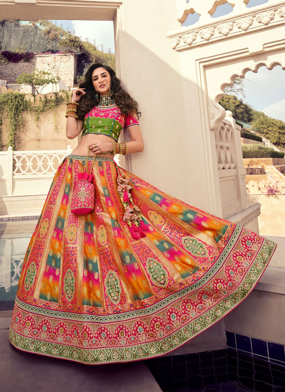 Buy Banarasi Silk Multi Colour Embroidered Lehenga Choli : 218470 -