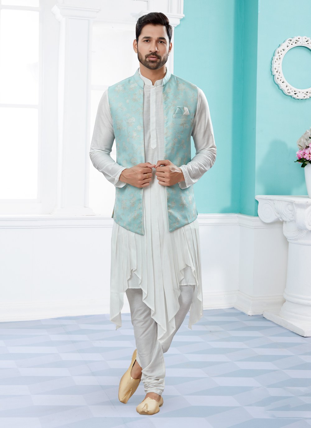 Banarasi Silk Off White and Turquoise Indo Western