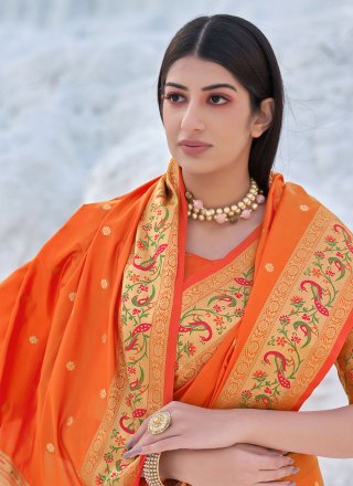 Banarasi Silk Orange Classic Designer Saree