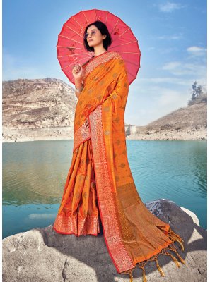 Banarasi Silk Orange Embroidered Trendy Saree