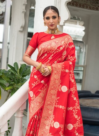 Banarasi Silk Red Weaving Traditional Designer Saree